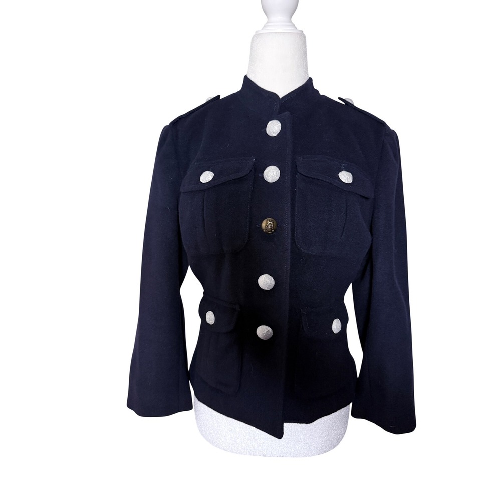Boston Proper Military Jacket Navy Wool Blend Brass Crest Buttons Tailored 6